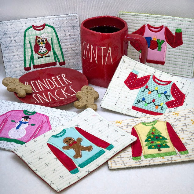 Ugly Christmas Sweaters Mug Rugs and Minis for Machine Embroidery